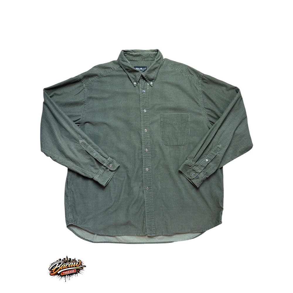 Eddie Bauer Mens XXL Green Houndstooth Corduroy Long Sleeve Button Down Shirt